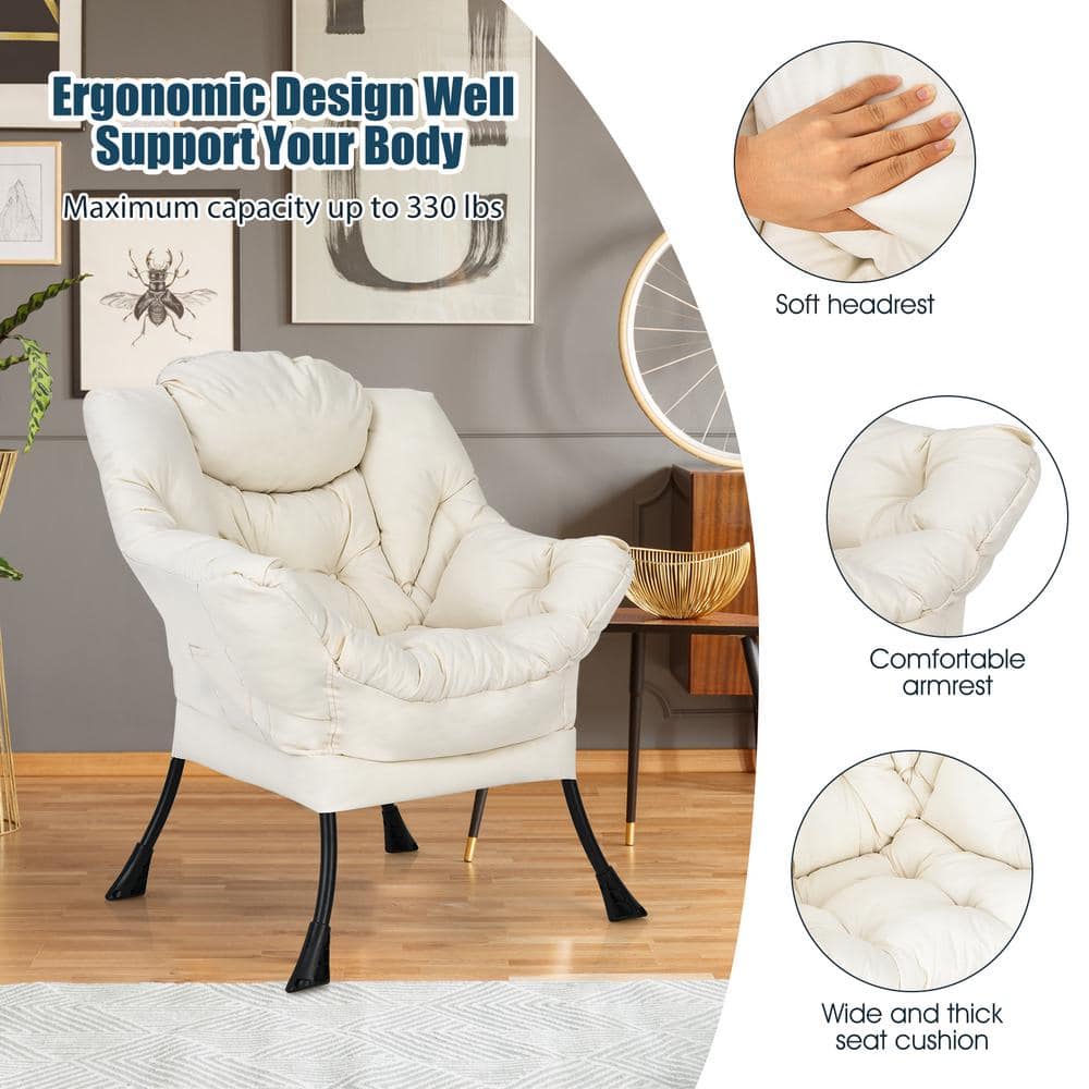 Beige Newspaper Print Modern Metal Accent Chair with Side Pocket