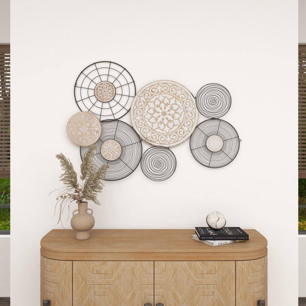 Boho Black and Beige Metal and Pinewood Circle Wall Sculpture