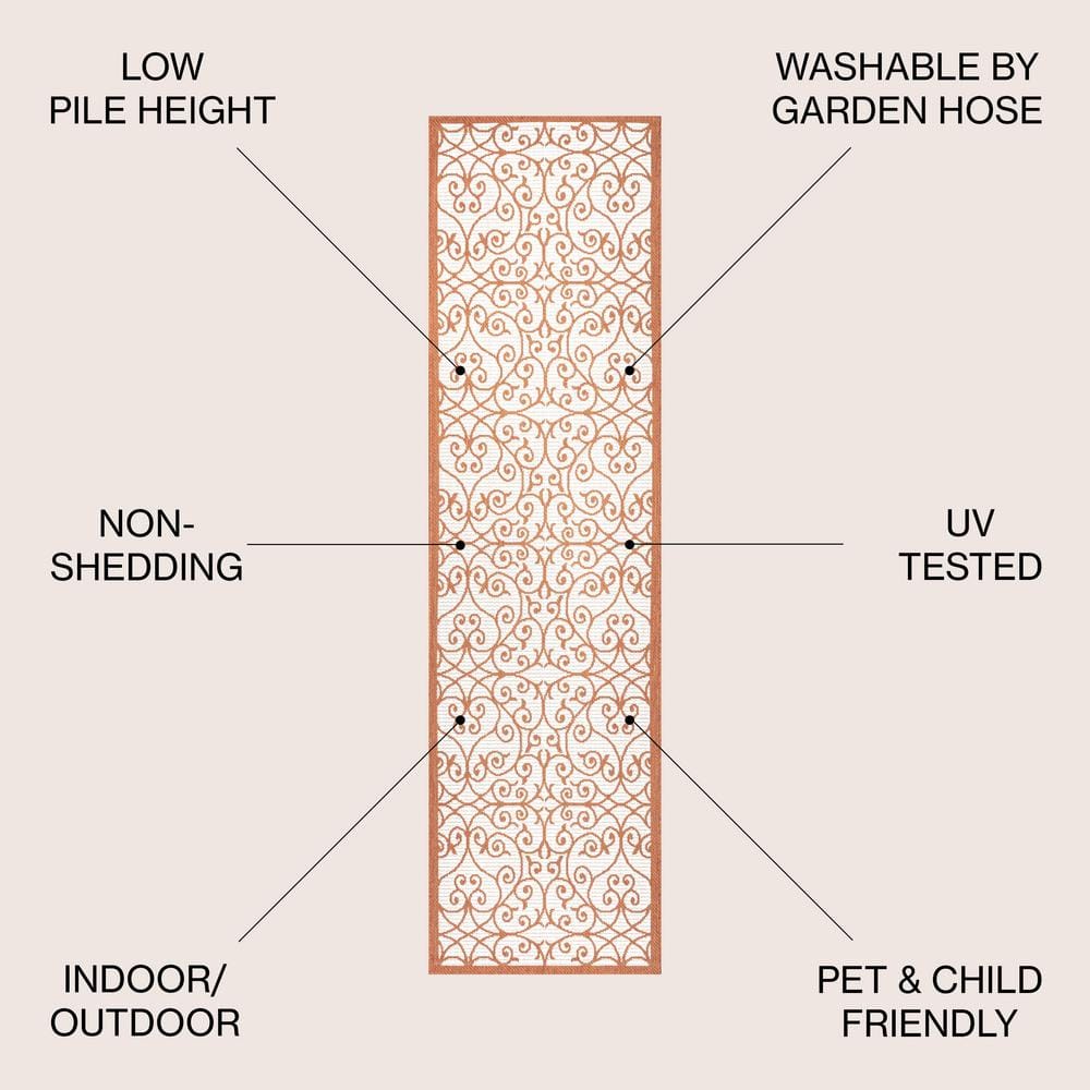 Boho-Chic Cream/Orange Filigree Spanish-Inspired Indoor/Outdoor Rug
