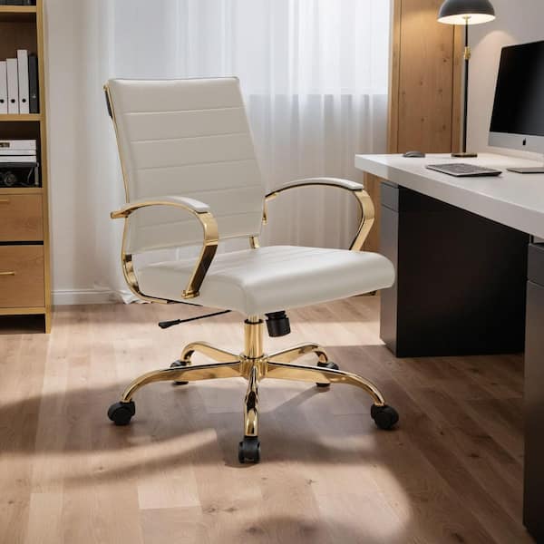Benmar Leather Mid-Back Office Chair with Armrests and Adjustable Height, Tilt, Swivel in Gold Stainless Steel, Tan