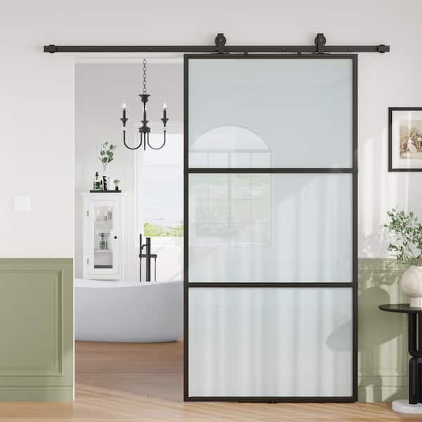 42 in. x 84 in. 3 Lite Frosted Glass Black Metal Frame Interior Sliding Barn Door with Hardware kit