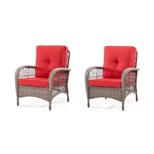 Wicker Outdoor Lounge Chair with Red Cushion, Ergonomically Designed (2-Pack)