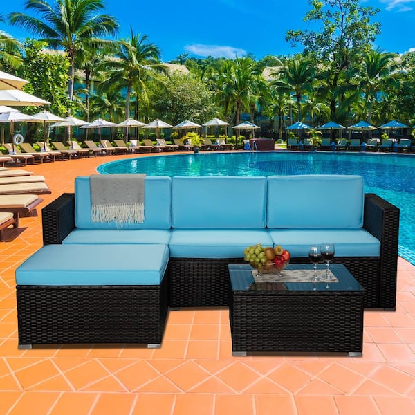 Nestfair Brown 5-Piece Wicker Patio Conversation Set with Blue Cushions