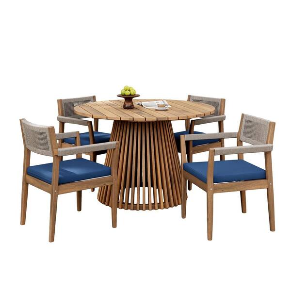 5 Pieces Acacia Wood Braided Outdoor Dining Set with Navy Blue Cushion and Round Dining Table