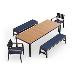 Rhodes 5 Piece Aluminum Outdoor Patio Dining Set in Spectrum Indigo Cushions with 96 in. Table & Bench