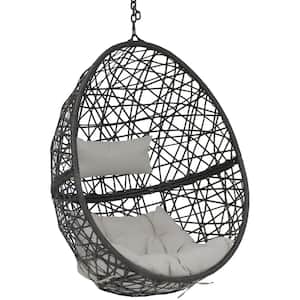 Caroline Resin Wicker Hanging Egg Patio Lounge Chair with Gray Cushions