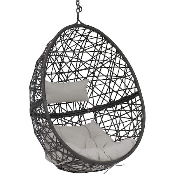 Sunnydaze Caroline Resin Wicker Hanging Egg Patio Lounge Chair with Gray Cushions