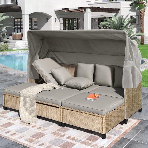 Tenleaf 4-Piece Wicker Patio Conversation Set with Gray Cushions, Retractable Canopy, Lifting Table