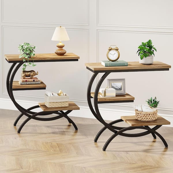 BYBLIGHT Kerlin 11.8 in. Light Brown Wood and Metal C-Shaped End Table Set of 2, 3-Tier Side Table with Shelves for Living Room