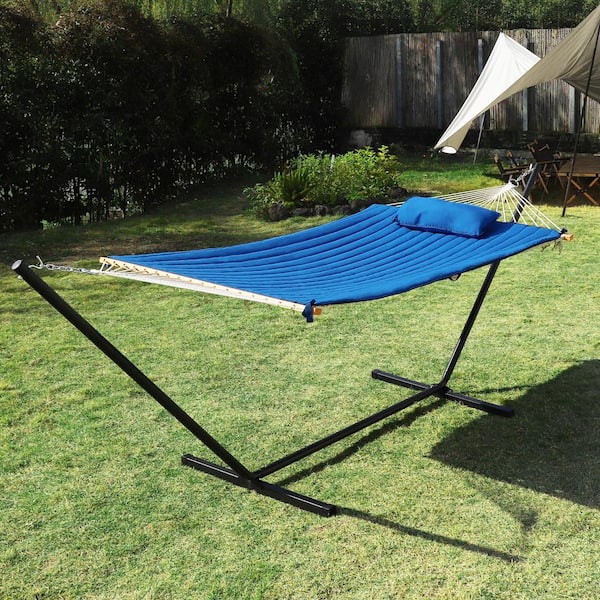VEIKOUS 12 ft. Hammock with Stand for Outdoor, 2-Person Hammock with Detachable Pillow, Dark Blue