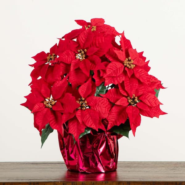 Nearly Natural 19 in. Red Lush Poinsettia Artificial Arrangement in Red  Wrapped Planter A2172 - The Home Depot