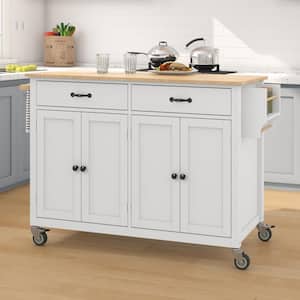 Rolling White Rubber Wood Desktop 54 in. Kitchen Island with Adjust Shelves and Wheels
