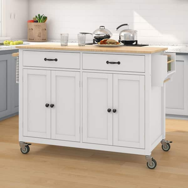 FAMYYT Rolling White Rubber Wood Desktop 54 in. Kitchen Island with ...