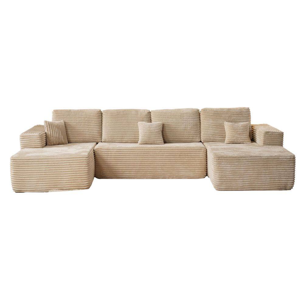 VF 133 in. Wide Arm 4-Piece Modern Plush Corduroy U-Shape Modular Sectional Sofa Chaise in. Beige with Ottoman