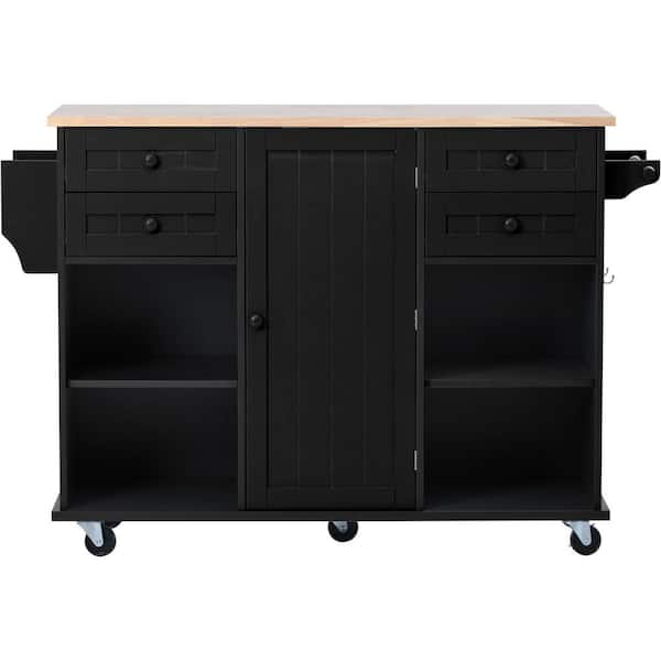 52.8 in. Black Kitchen Island Cart with 5-Wheels including 4-Lockable ...