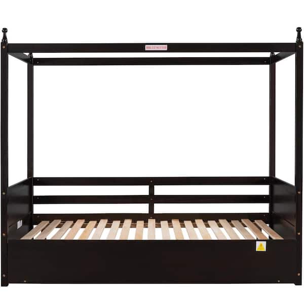 STICKON 79.5 in. W Espresso Brown Wood Frame Twin Size Pull-Out Platform Bed with Canopy
