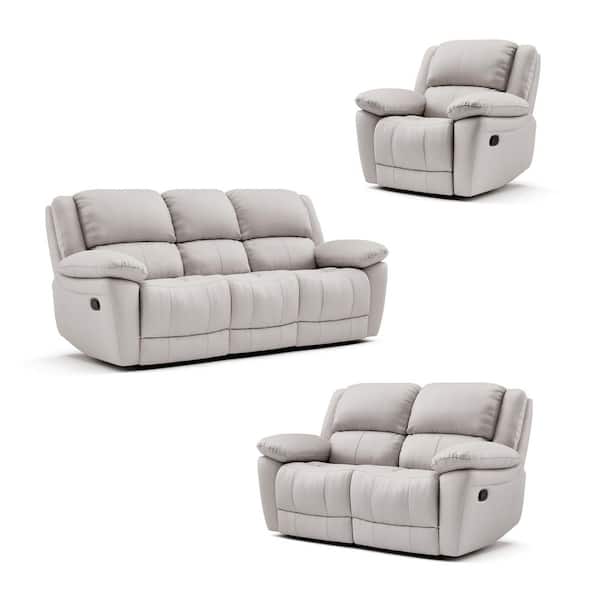 Furniture of America Loure 3-Piece Off White Leather Match Reclining Living Room Set with Pillow Top Arms and Adjustable Headrest