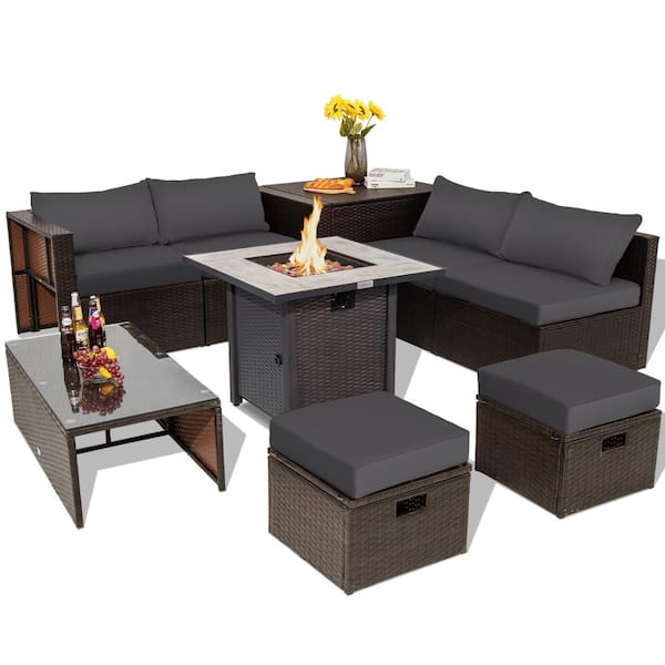 HONEY JOY 9-Piece Space-Saving Wicker Patio Conversation Set with Propane Fire Pit Table & Storage Box & Gray Cushions