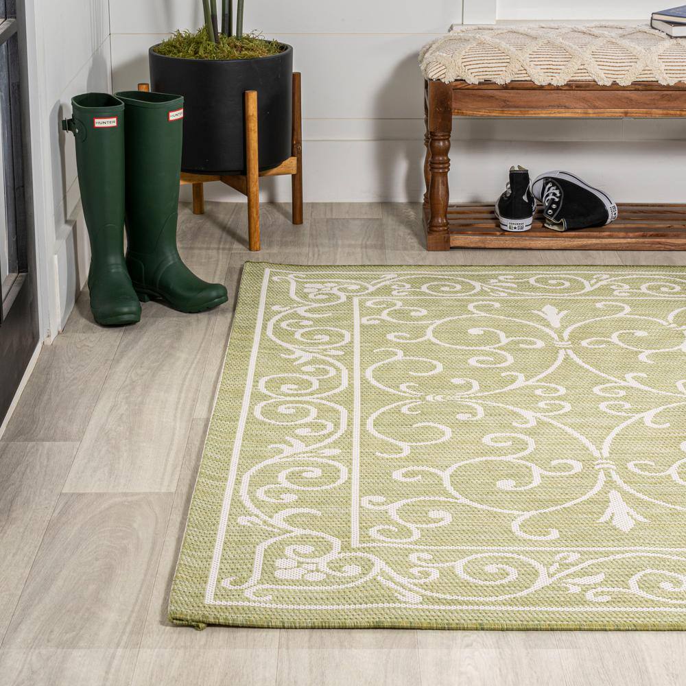 Boho-Chic Green and Cream Vintage Filigree 9' x 12' Indoor/Outdoor Rug