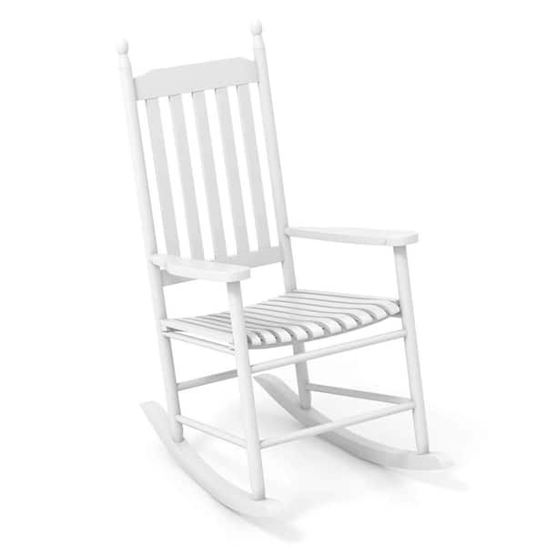Costway White Wood Outdoor Rocking Chair with Solid Rocking Base Slatted Seat and Back
