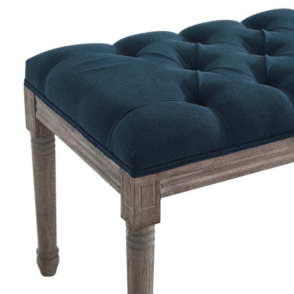Navy French Vintage Upholstered Fabric Bench with Wood Legs