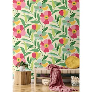 Pink and Kelly Green Garden Block Floral Vinyl Peel and Stick Wallpaper Roll (30.75 sq. ft.)