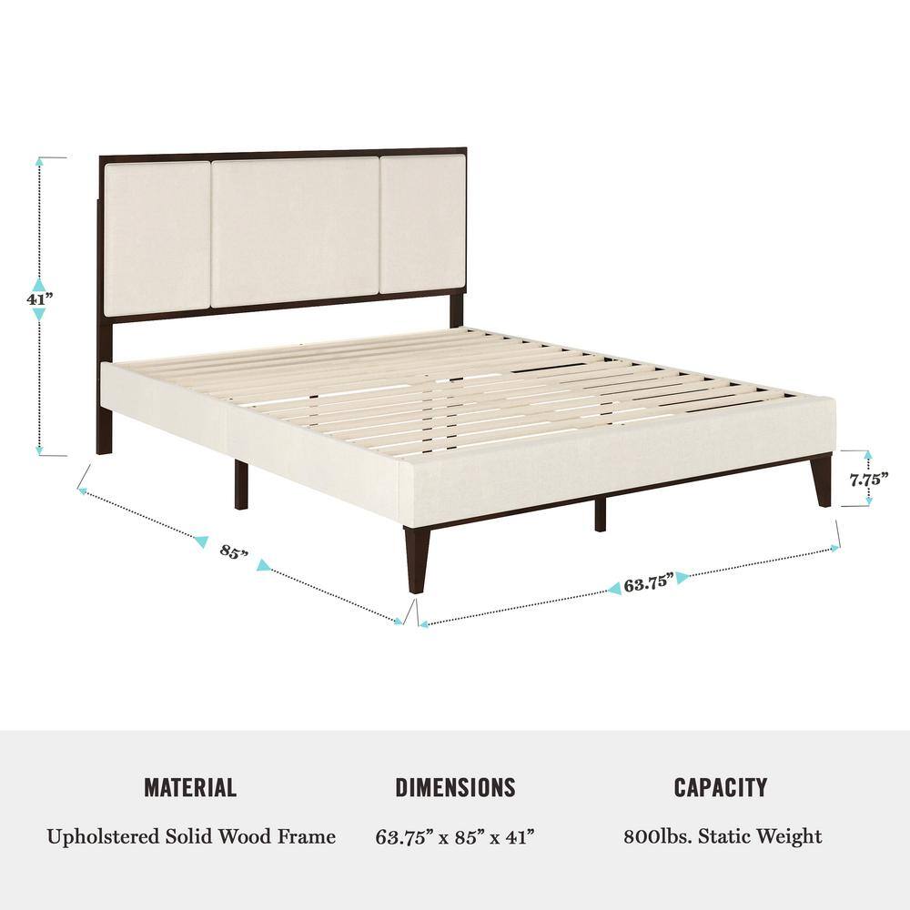 Queen Dark Brown and Beige Upholstered Wood Platform Bed