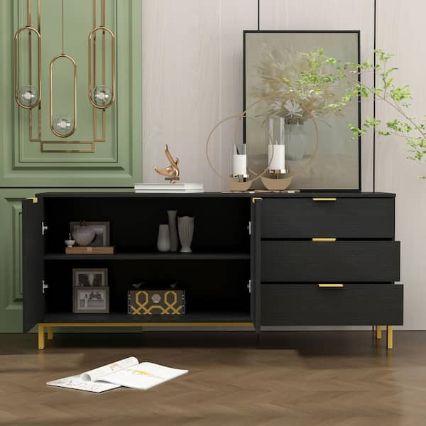 62.9 in. Black Wood Storage Cabinet Kitchen Cabinet with 2-Doors, 3-Dr