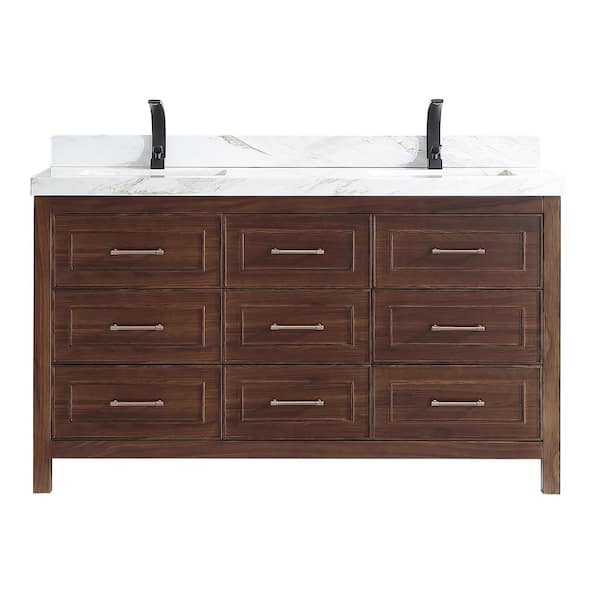 Luxury Ebony Series 60 in. 1 Freestanding Dark Brown Finish Bath Vanity with 2 in. White Natural Marble Top Assembled