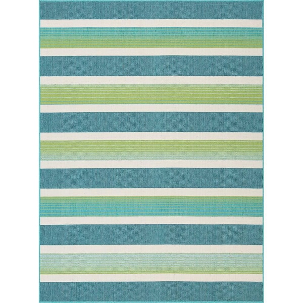 NATCO HOME Backyard Bungalow Ivory/Multi 5 ft. 3 in. x 7 ft. Aqua Stripe Polypropylene Indoor/Outdoor Area Rug