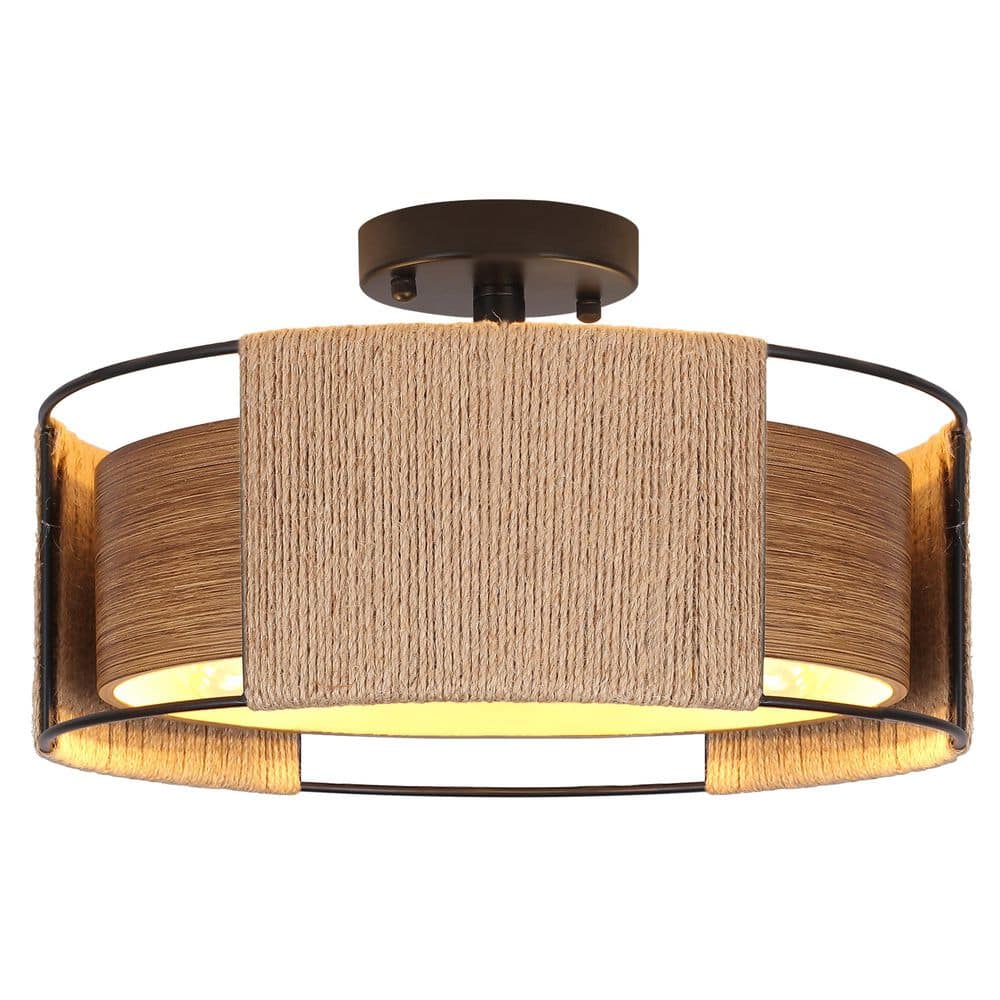 15.7 in. 3-Light Farmhouse Brown Metal Wood Grain Drum Semi Flush Mount Ceiling Light for Kitchen Island price history on PriceWatchPro