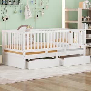 Detachable White Twin Size Wood Daybed with Fence Guardrails, 2-Drawer, Split into Independent Floor Bed and Daybed