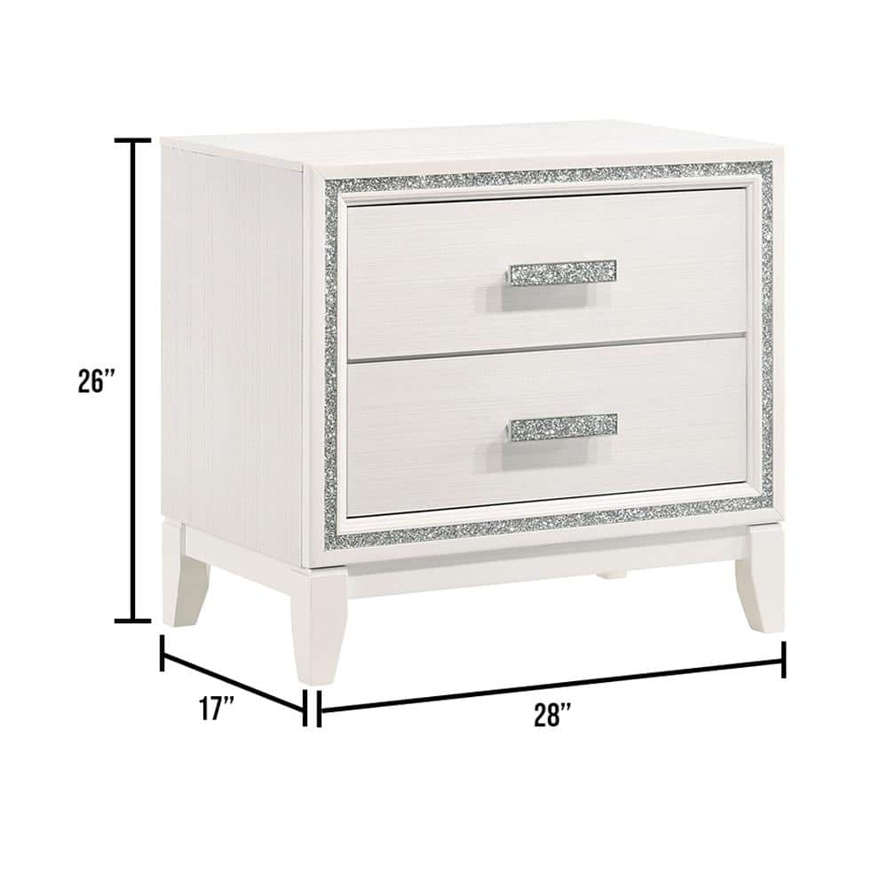 Haiden Glamorous White 2-Drawer Nightstand with Silver Accents
