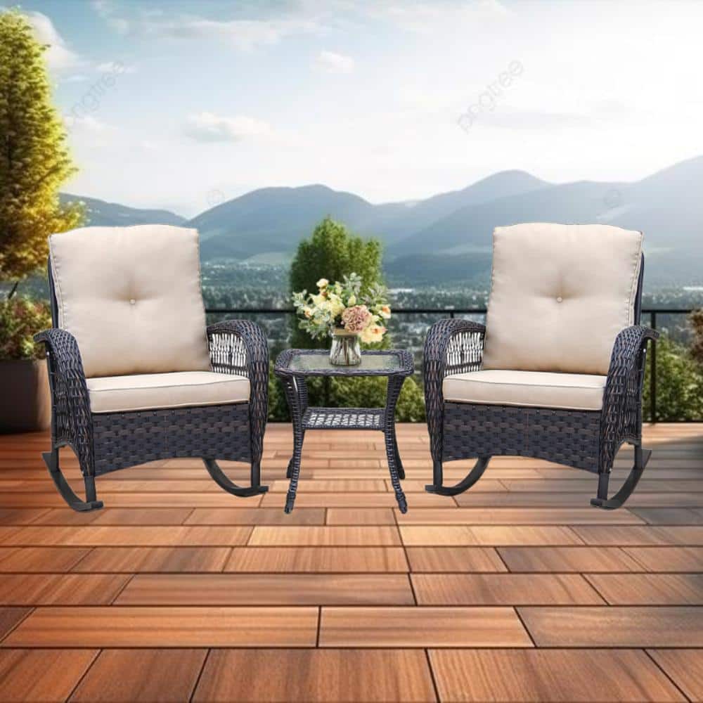 3-Piece Brown Wicker Outdoor Bistro Set with Beige Cushions, Patio Conversa