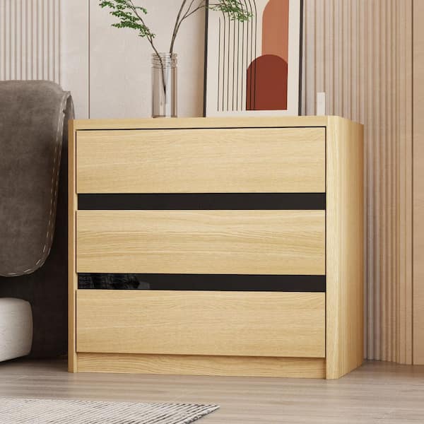 FUFU&GAGA Wooden Grain and Black Glass 3-Drawers 25.6 in. W Wooden Nightstand, End Side Table, Storage Sideboard