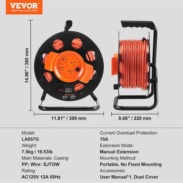 VEVOR 100 ft. 12AWG/3C 15 Amp Extension Cord Reel SJTOW