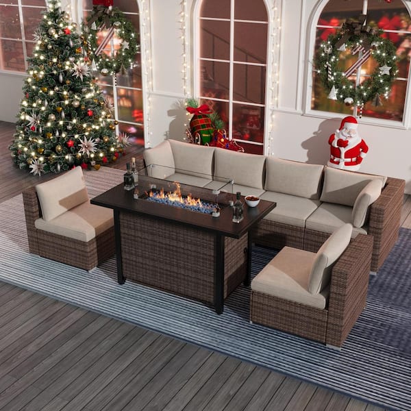 EPIPHANY DOUBLED INC 8-Piece Wicker Patio Rectangle Fire Pit Conversation Set with Beige Cushions and Coffee Table, Glass Wind