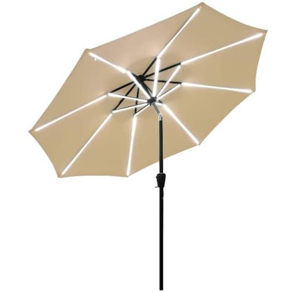 Alpulon 9 ft. Aluminum Market Solar Tilt Patio Umbrella with Crank and 16 Strip Lights in Beige