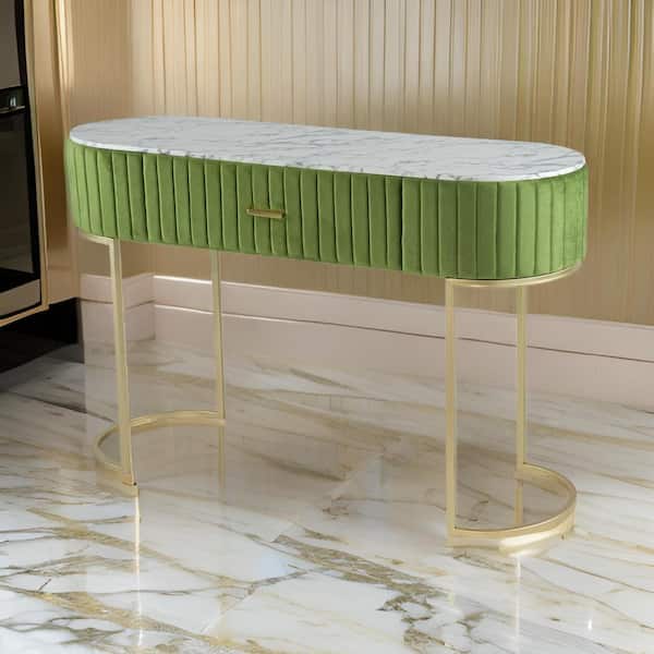 Benjara 47.2 in. Green, Gold and White Oval Wooden Console Table with 1-Drawer and Curved Gold Iron Base
