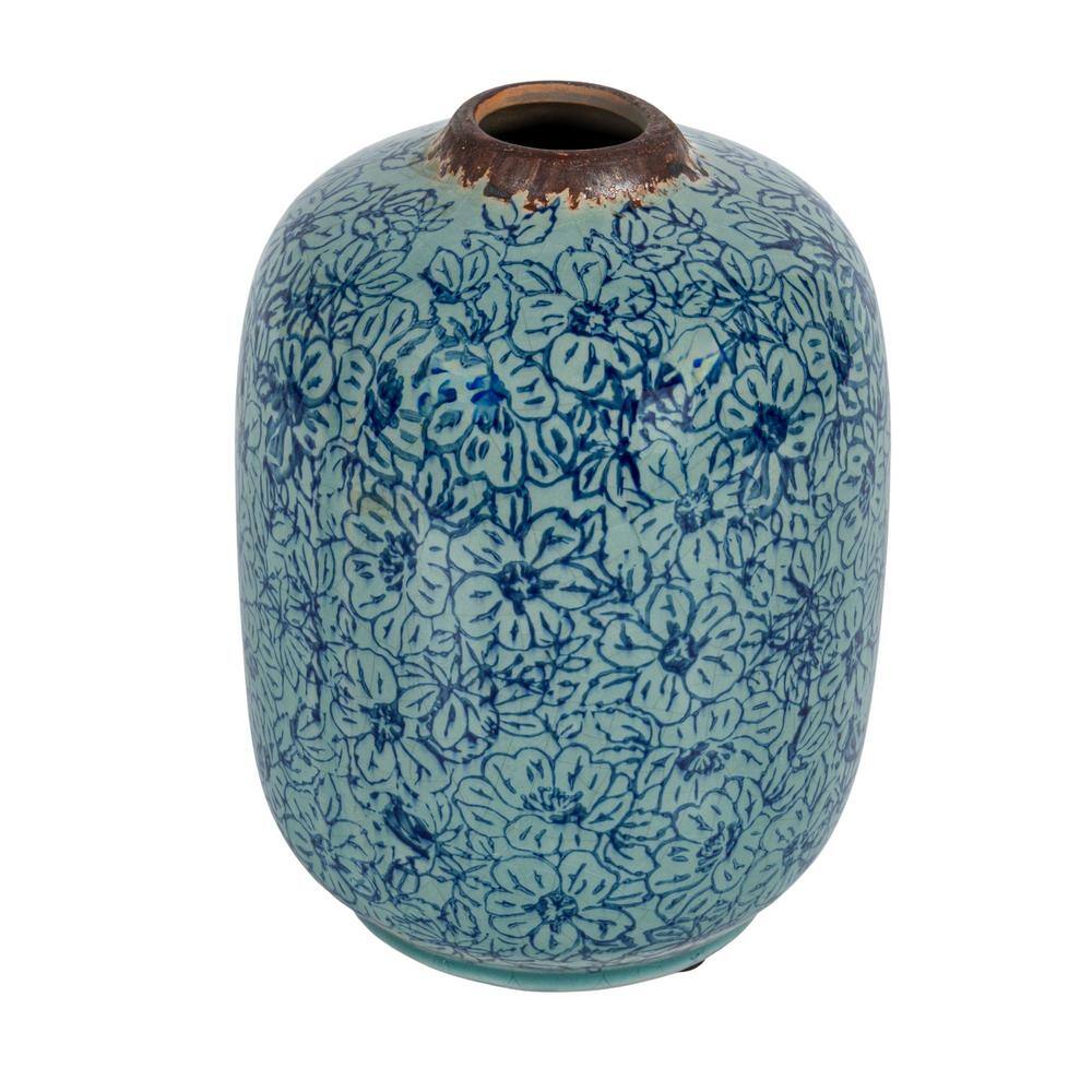 Distressed Blue Ceramic Floral Bouquet Vase 6.5" H