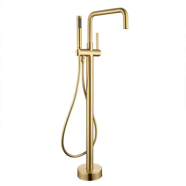 Flynama Single Handle Freestanding Tub Faucet with Hand Shower in Brushed Gold