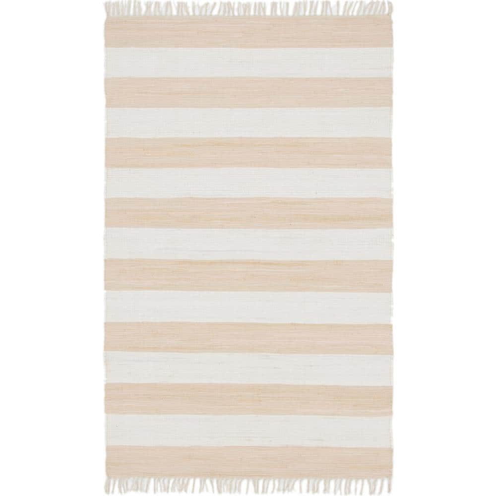 Handmade Beige Stripe Indoor Rectangular Rug 5'1" x 8'0"