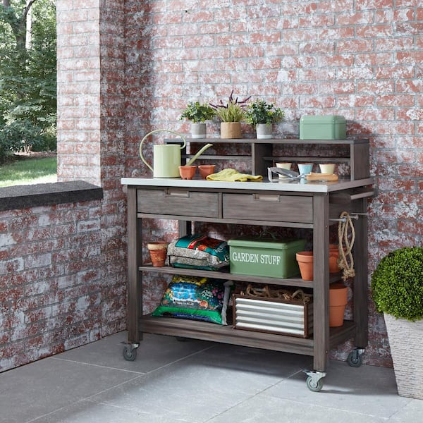 Maho French Grey Outdoor Wood Potting Cart Serving Bar