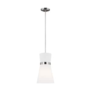 Clark 1-Light Brushed Nickel Pendant with White Linen Shade and LED Light Bulb