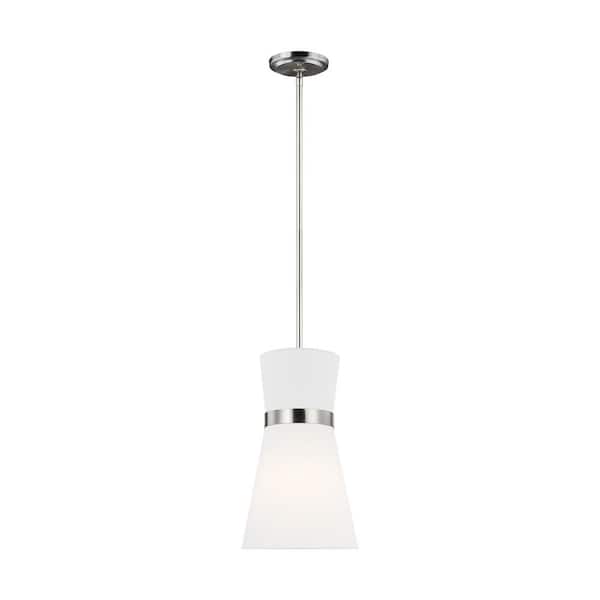Generation Lighting Clark 1-Light Brushed Nickel Pendant with White Linen Shade and LED Light Bulb