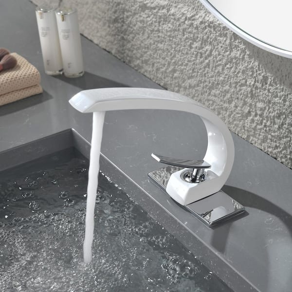 Brass C-shaped Single Handle Single Hole Bathroom Sink Faucet with Deckplate and Supply Lines in White and Chrome