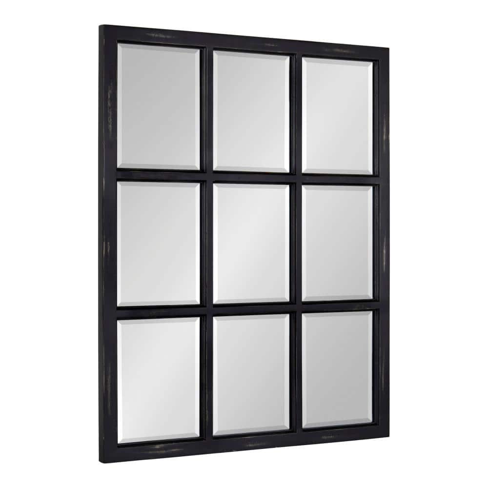 Distressed Black Wood 9-Pane Windowpane Wall Mirror 26x32