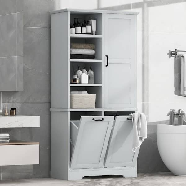 31 in. W x 14 in. D x 68 in. H Gray Wood Freestanding Tilt-Out Laundry Hamper Linen Cabinet with Door and Open Shelves