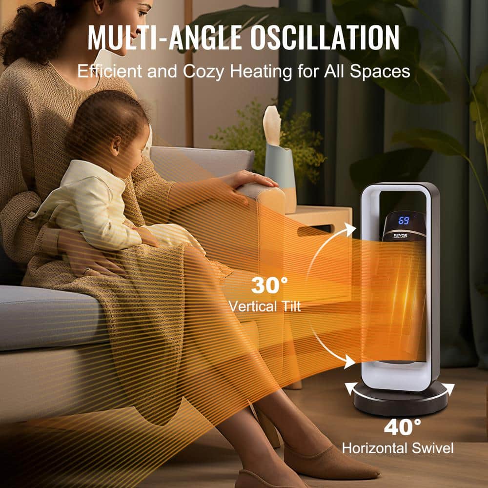 20-inch Black and Silver Ceramic Electric Heater with Thermostat