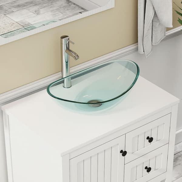 30 in. W x 20 in. D x 32 in. H Single Sink Freestanding White Bath Vanity with Clear Oval Glass Vessel Sink Top